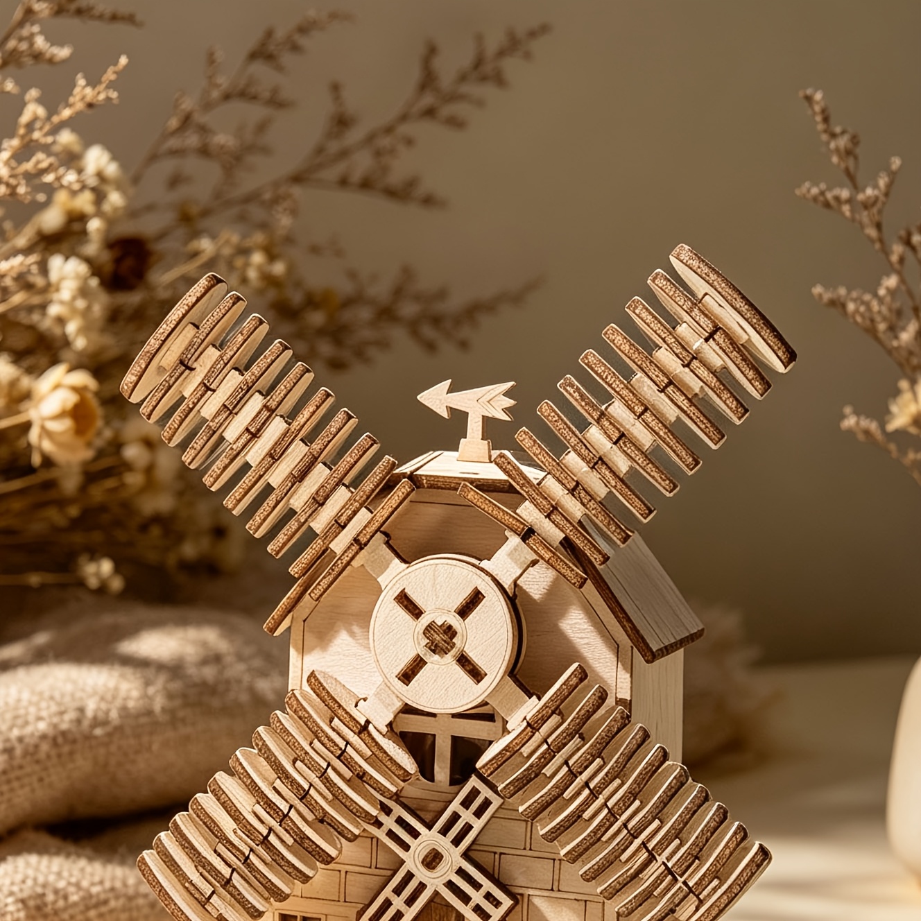 3D Wooden Windmill Music Box Kit, Vintage Design